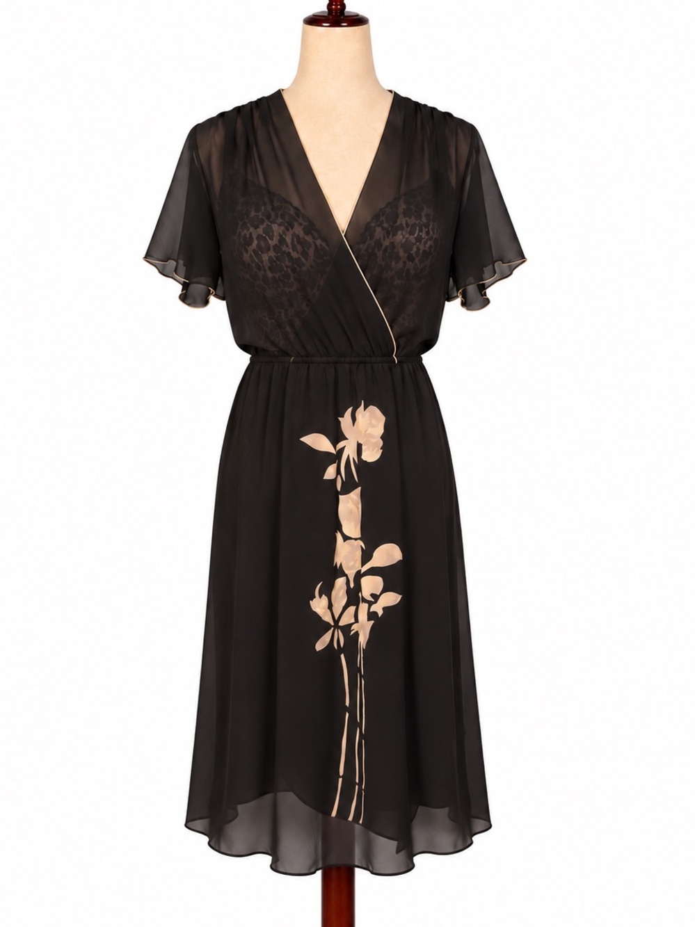 Vintage black sheer midi dress with post modern cream floral graphic print. XS